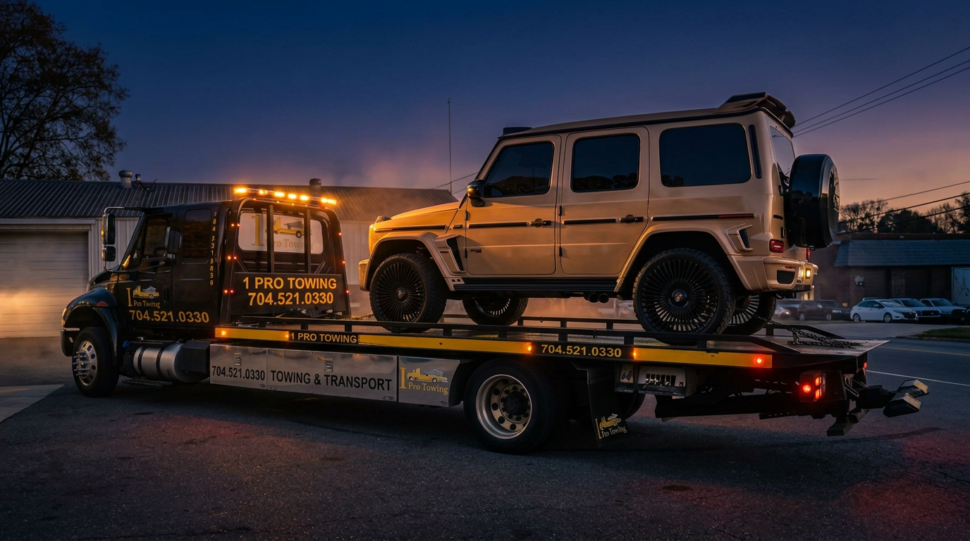 704 Towing flatbed truck on a wet city street at night